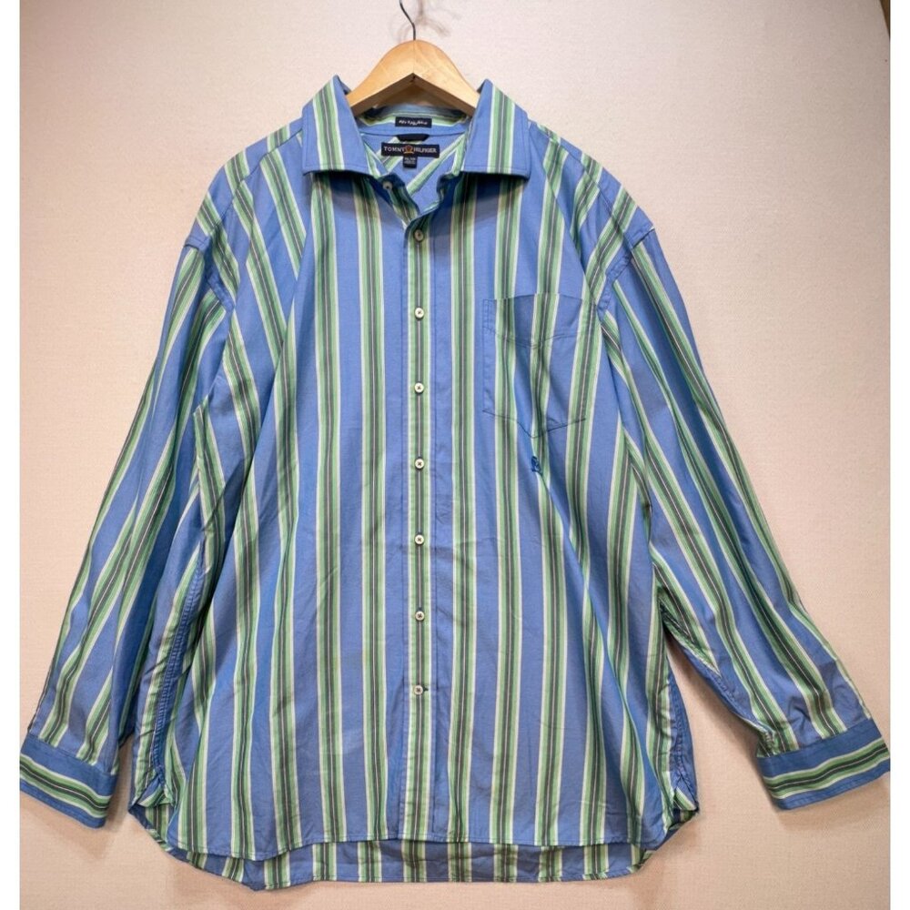 Tommy Hilfiger 80's 2 Ply Fabric Mens Button Up Shirt Size XXL Blue Green Stripe